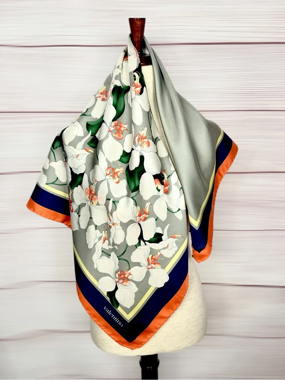 Valentino Twill Silk Scarf Gray with White Orchids